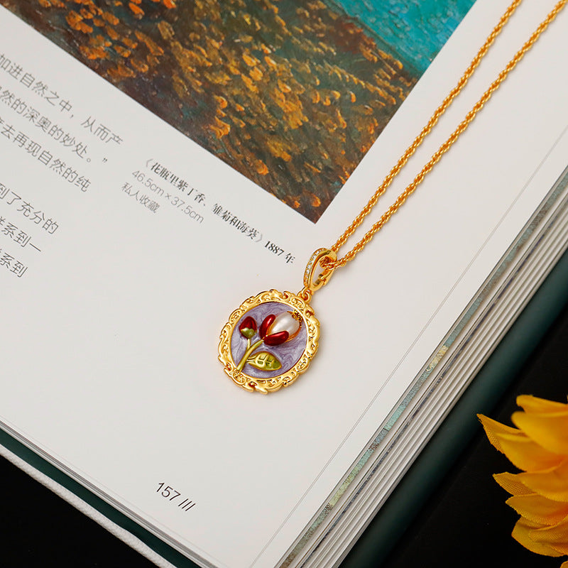 Vintage Oil Painting Style Rose Flower Necklace