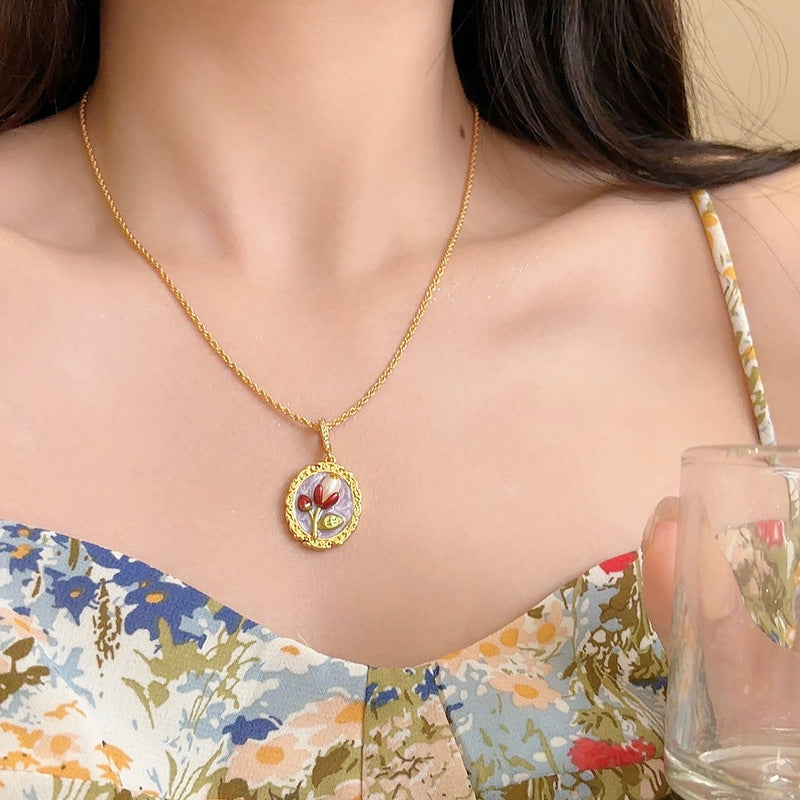 Vintage Oil Painting Style Rose Flower Necklace