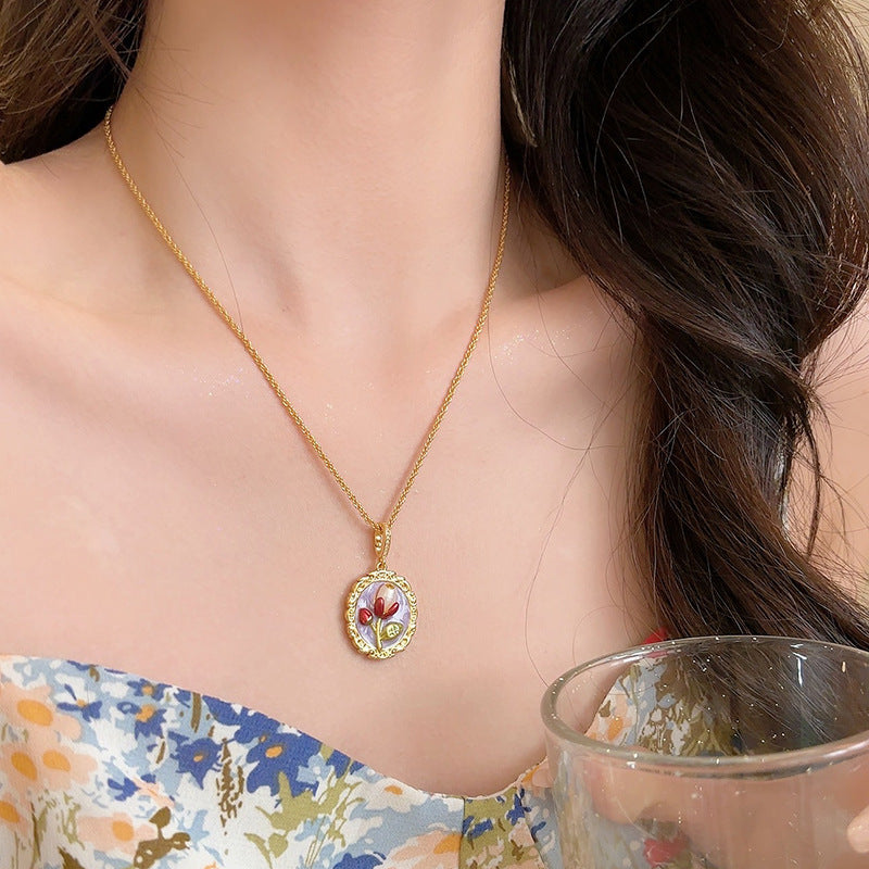Vintage Oil Painting Style Rose Flower Necklace