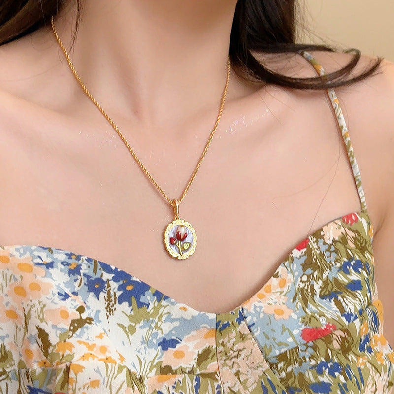Vintage Oil Painting Style Rose Flower Necklace